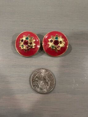 Retro Vintage Round Pink Enamel Earrings with Sun and Colored Jewels
